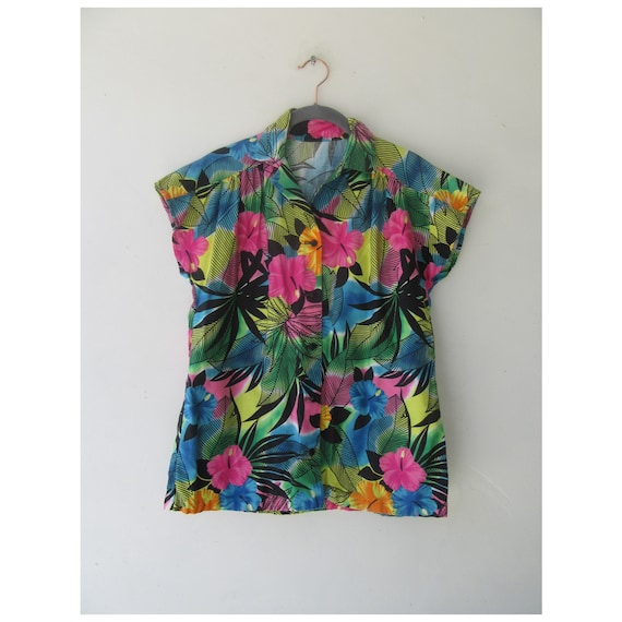 90s Floral Print Cap Sleeve Top | Floral Blouse | 