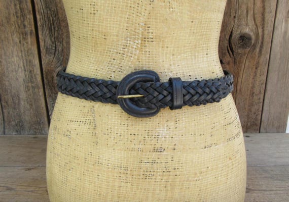 90s Navy Blue Woven Leather Skinny Belt: Covered Buckle, Small Medium
