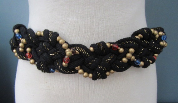 80's Black & Gold Braided Rope and Bead Belt | St… - image 3