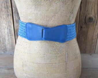 80's Wide Blue Stretch Belt: Leather Covered Buckle, Size ML Belt