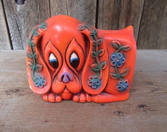Vintage 1970er Jahre Sad Eyed Day-Glo Welpe Keramik Spardose, Kitsch, große Augen, Vintage Home Decor