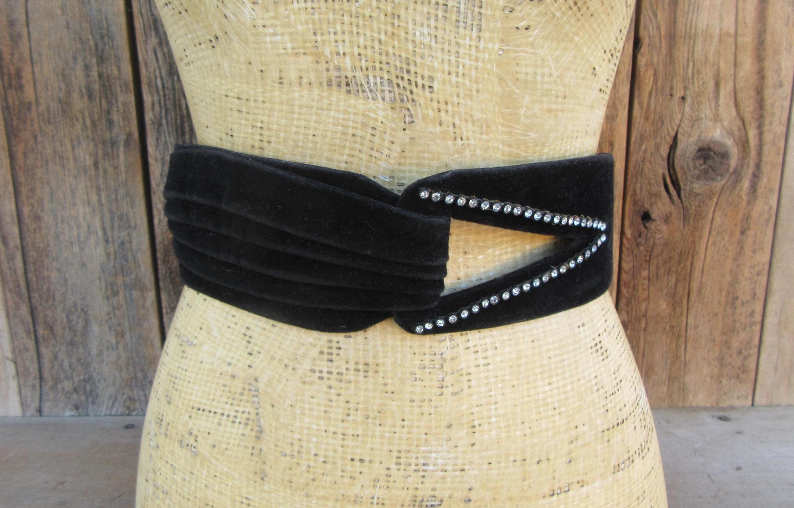 80s Wide Black Rhinestone Velvet Belt: Size Medium - Etsy display picture 2