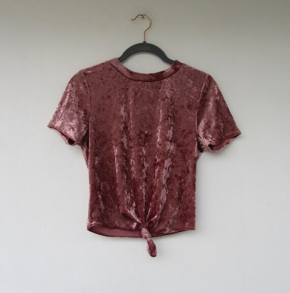 90's Mauve Pink Crushed Velvet Short Sleeve Top |… - image 1