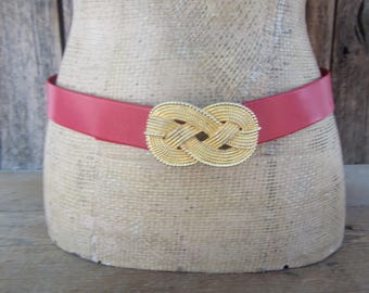 90s Red Leather Belt: Gold Buckle, 32 Inch Waist