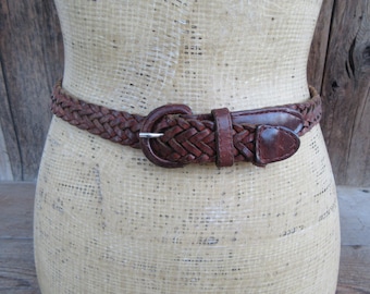 Brown Braided Leather Belt | 90s Vintage Greg Norman Woven Leather