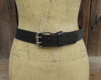 90s Black Distressed Leather Belt: Triple Prong Silver Tone Roller