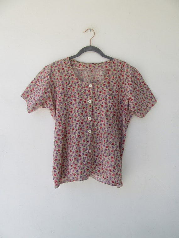 90s Floral Print Short Sleeve Top | Floral Blouse 