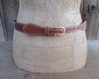90s Brown Leather Skinny Belt: Gold Tone Buckle, Size Medium