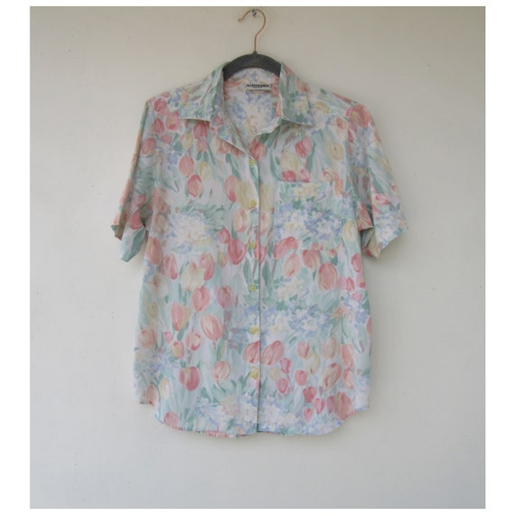 90s Floral Print Short Sleeve Top | Floral Blouse 