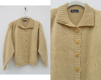 80's Ecru Cardigan Knit Button Front Sweater | Open Front Long Sleeve Sweater | 80's Sweater | Knit Sweater | Size M