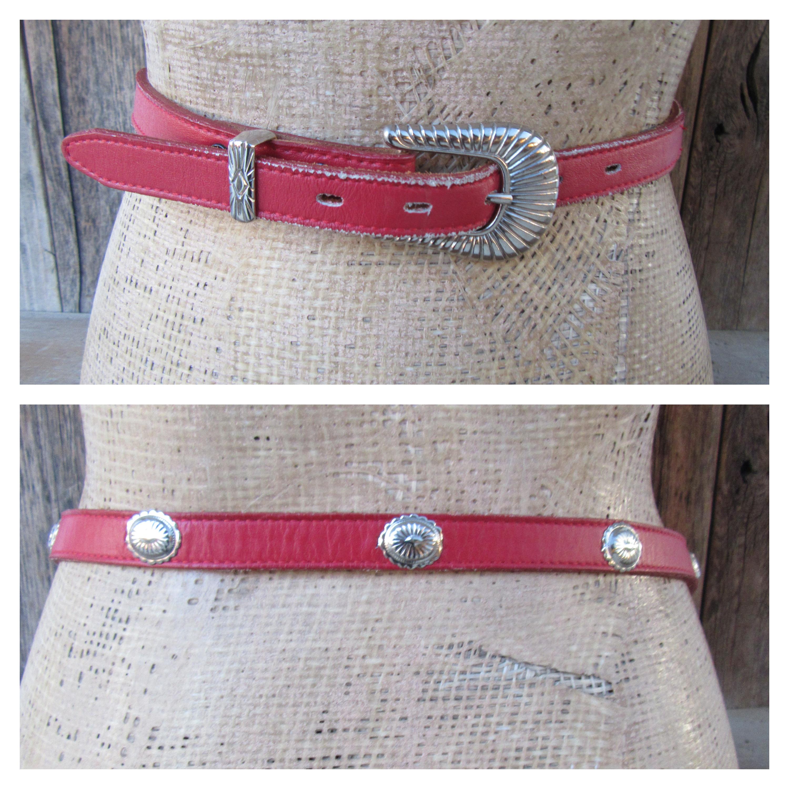Vintage 1980’s red Leather Southwestern silver Concho skinny Retro belt Froneza Item #953W- Vintage 13pc Navajo Coral Rectangle Stamped  main image 3