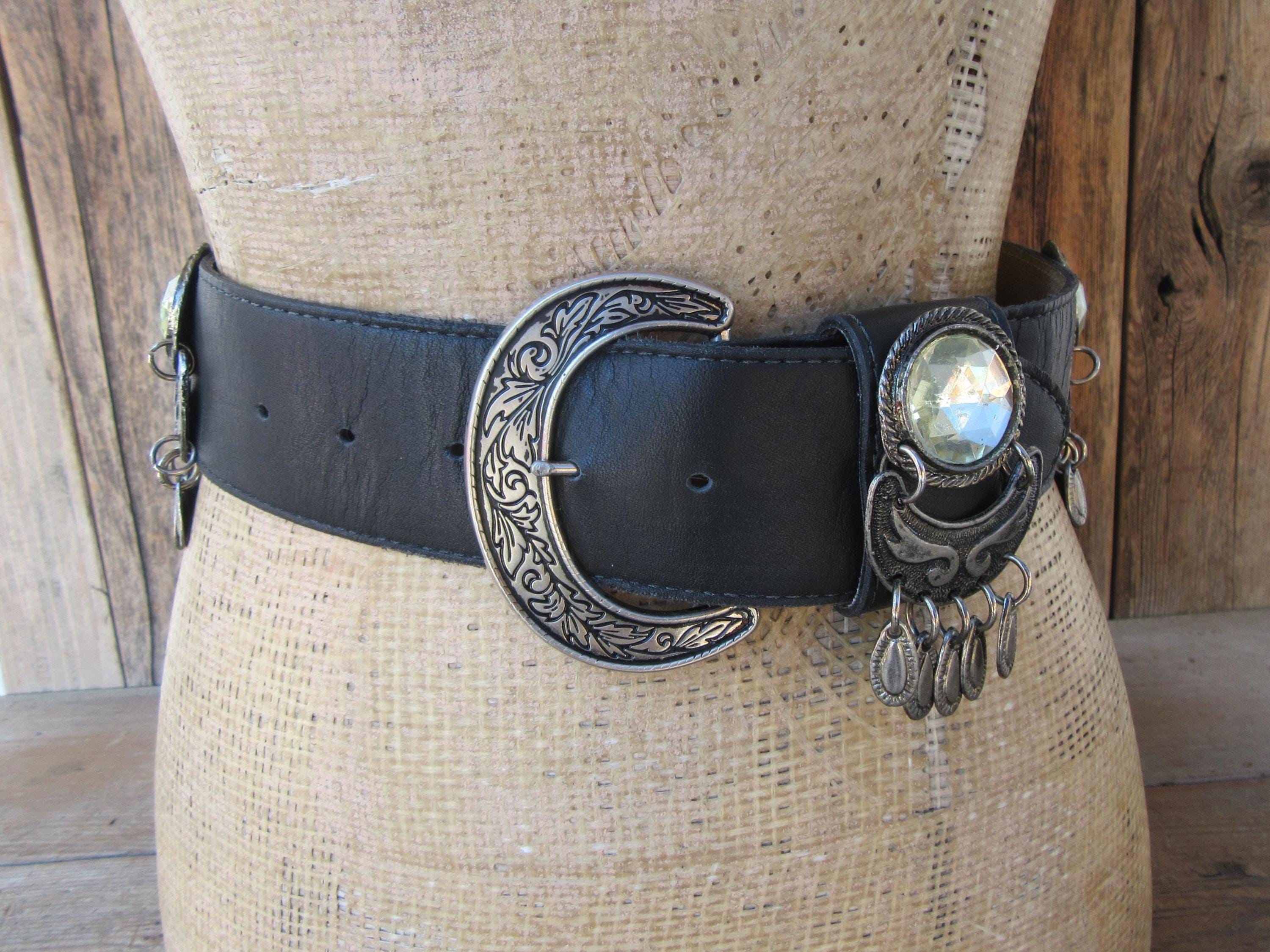 90s Vegan Leather Concho Belt: Rhinestone Buckle, Antique  display picture 1