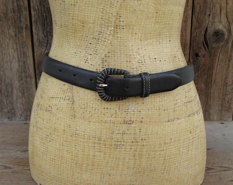 90s Black Skinny Leather Belt: Covered Buckle, Large