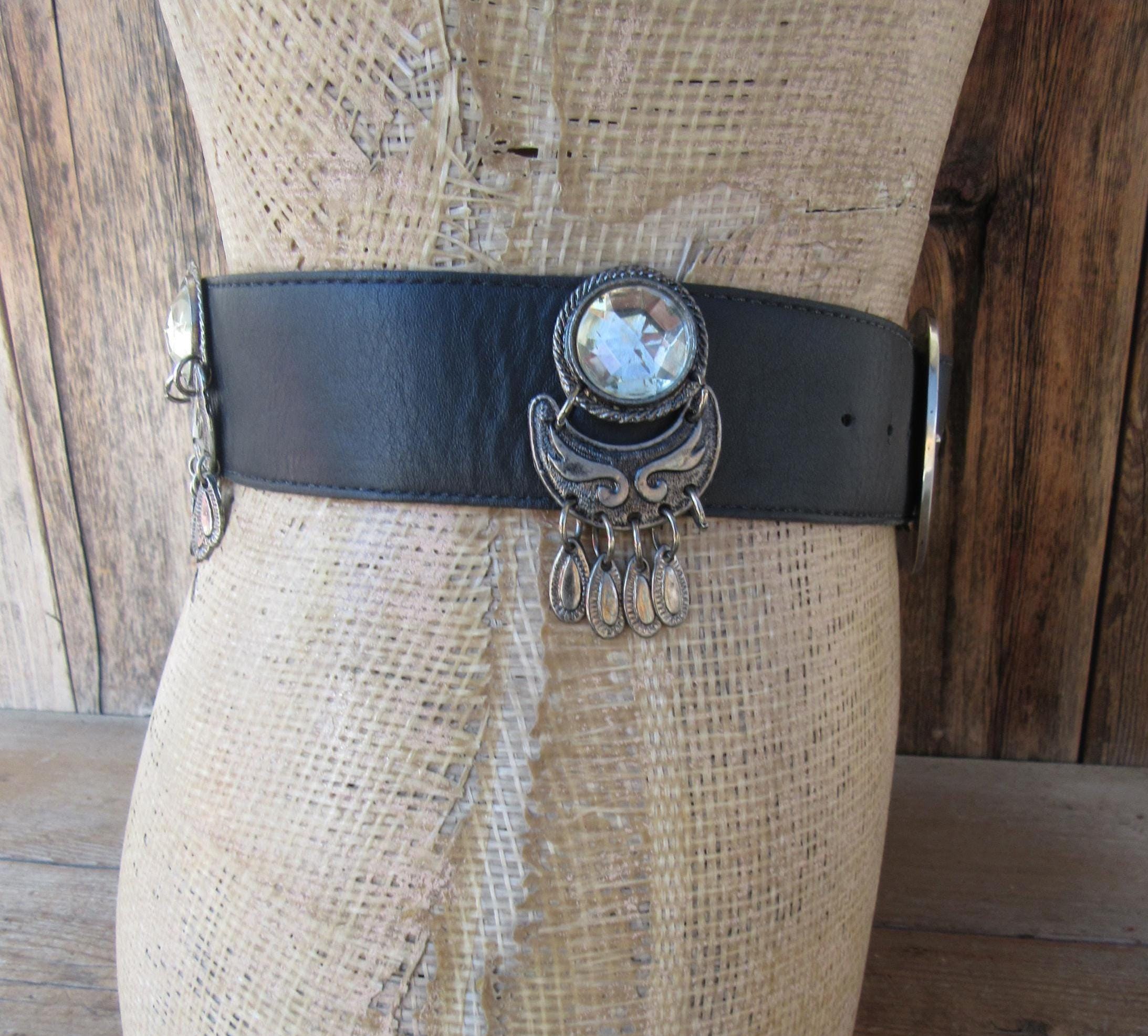 Fossil Vintage 90\'s Slim Black Leather Boho Western Silver Concho Buckle Design Fossil Concho Belt - Etsy main image 3
