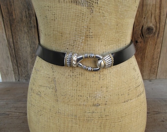Womens Vintage Black leather Belt with Silver semi circle buckle Sz.Small/MEDIUM Women main image 2