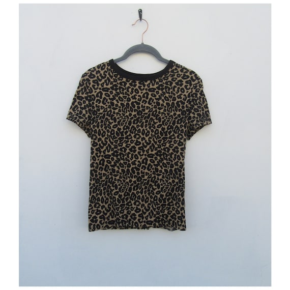 90s Leopard Print Ribbed Stretch Tee  | Leopard P… - image 1