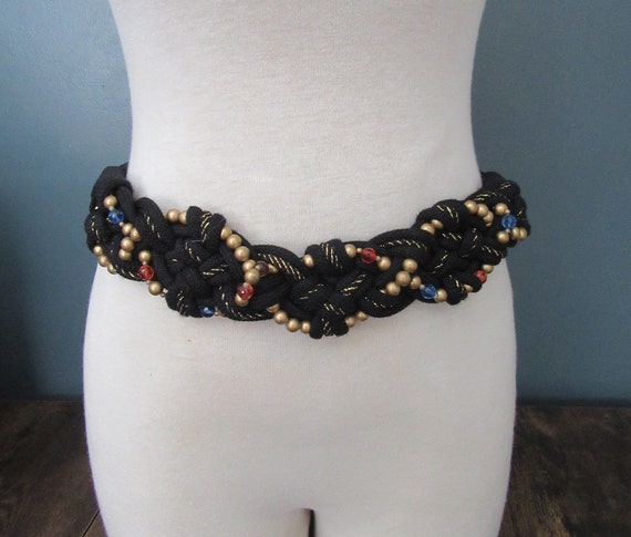 80's Black & Gold Braided Rope and Bead Belt | St… - image 1