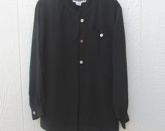 80s Black Band Collar Blouse: Vintage Long Sleeve Top, Small