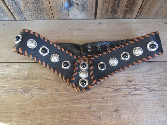 90s Leather Rhinestone Concho Whipstitched Corset