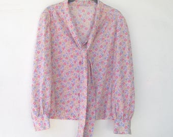 90s Pink Floral Blouse: Long Sleeve Bow Top, Cottagecore