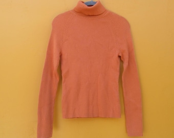 90&#39;s Coral Long Sleeve Turtleneck Ribbed Knit Sweater | 90&#39;s Rollneck Jumper | Knit Sweater | Turtleneck Sweater | Small Turtleneck Sweater
