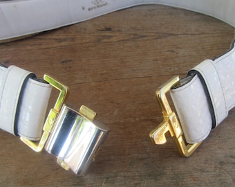 90s White Moc Croc Leather Belt: Gold & Silver Buckle, Size  display picture 2