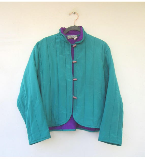 80s Turquoise & Purple Quilt Jacket: Small Button-Front Coat