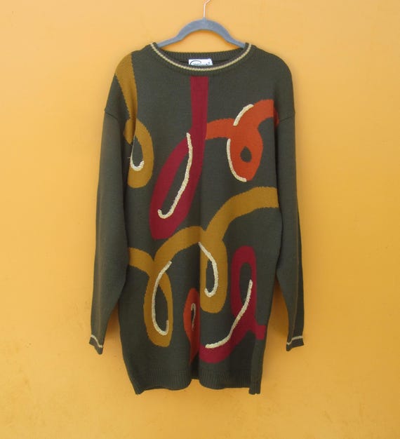 90's Green Pullover Geometric Pattern  Sweater | … - image 1