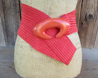 80s Red Stretch Belt: Wood Buckle, Small Elastic Belt