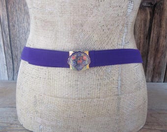 Belt Elastic Burgundy with Cloisonne‎ Buckle 80s Burgundy Stretch Belt | Cinch Belt | Cloisonne Enamel  main image 3
