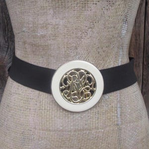 80s Black Stretch Belt: Gold Tone Enameled Clasp Buckle