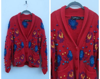 80's Red long Sleeve Front Pockets Cardigan Popcorn Sweater | Button Front Sweater | Popcorn Pom Pom Sweater | 80s Sweater