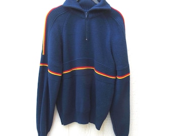 Maglione vintage anni '70 blu: maglione da sci, cerniera a un quarto, taglia media
