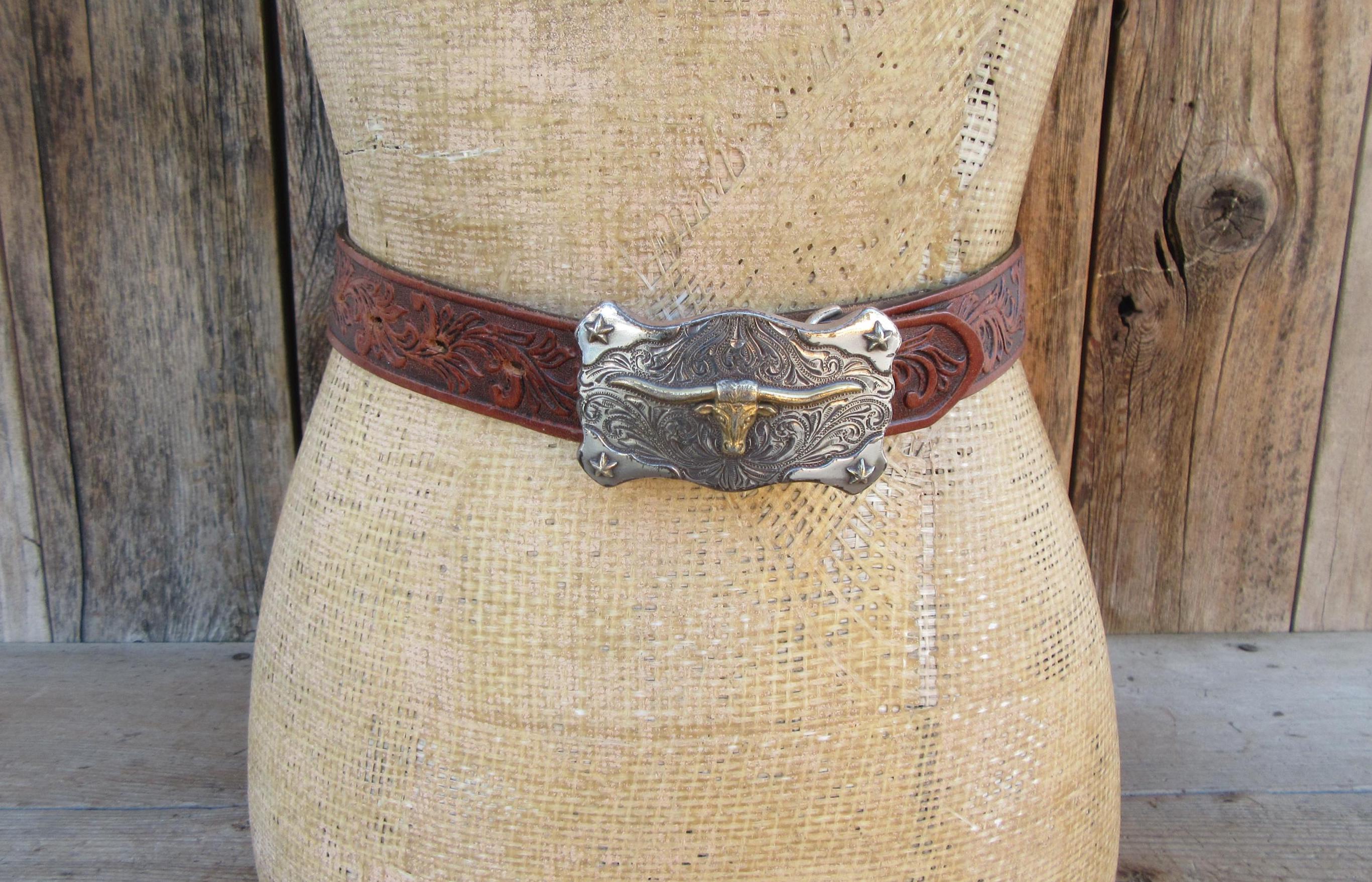 Brown Leather Belt with Silver Buckle 30 inch size medium vintage cowboy Buy Tan Brown Leather Western Belt With Silver Buckle - Capo main image 4
