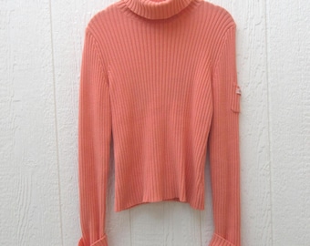 90s DKNY Peach Ribbed Knit Turtleneck Cotton Sweater; Medium