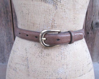 90s Brown Leather Skinny Belt: Gold Tone Buckle, Size Medium