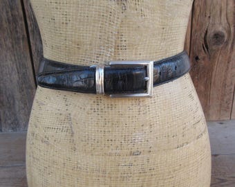 90s Brighton Black Croc Embossed Leather Belt: Silver Tone Buckle, Size 42