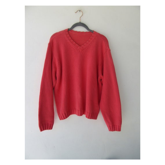 80's Pink V-Neck Knit Sweater | 80's Sweater | Pin