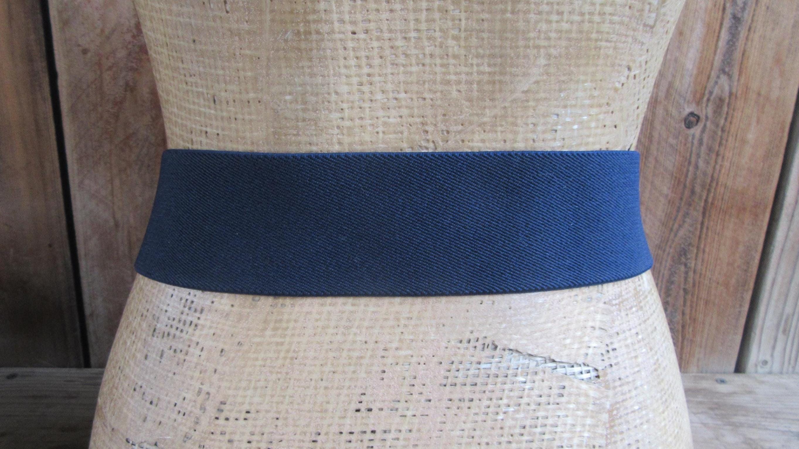 80s Navy Blue Stretch Belt: Gold Tone Enameled Clasp Buckle 