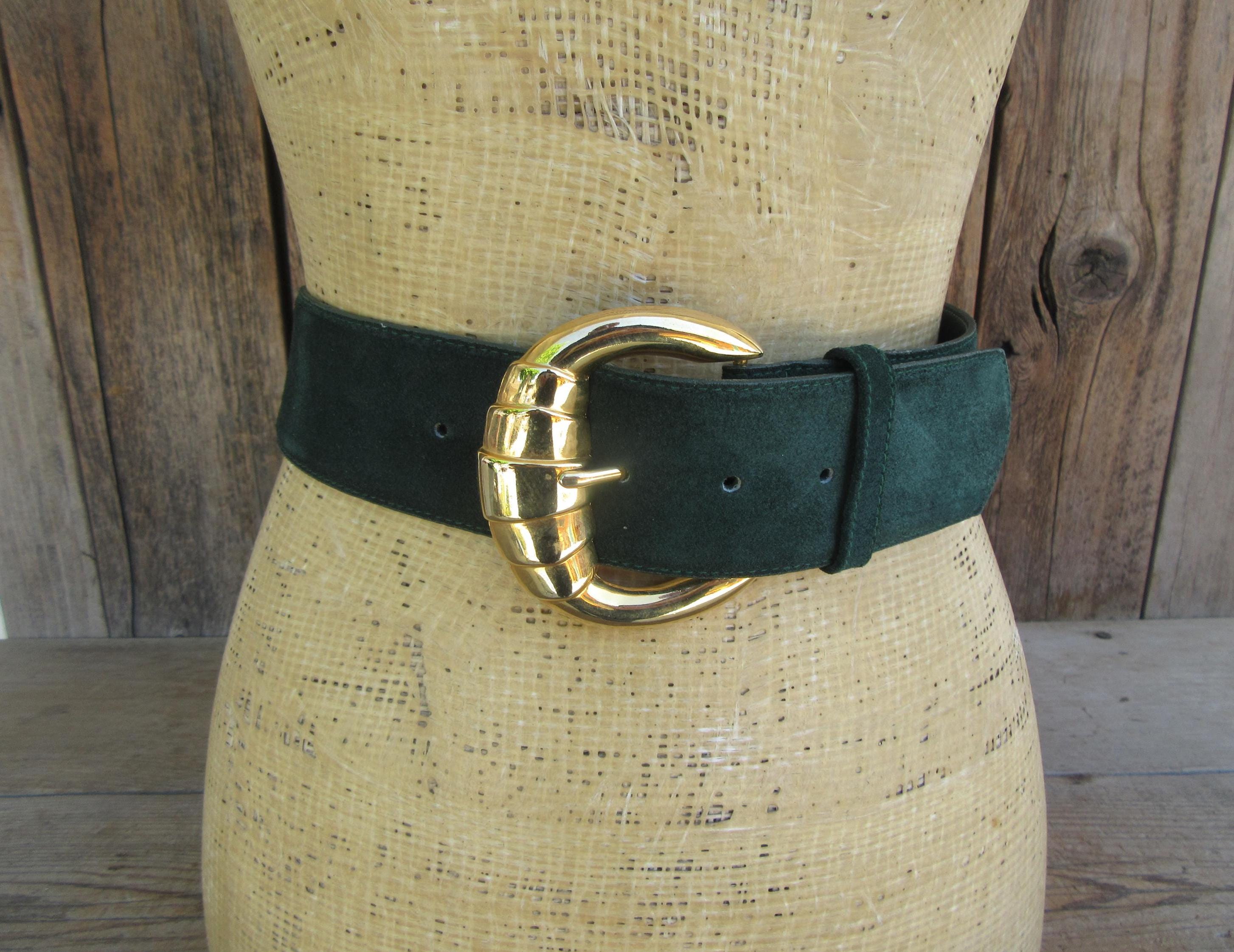 VINTAGE 80s Sage/Olive Suede Gold Tone Bling Studded Fashion Belt - unique! olive-thick-suede-with-gold-  main image 4
