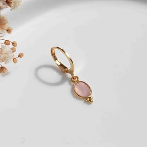 Esmée earrings with pink stone and stainless steel, mini hoop