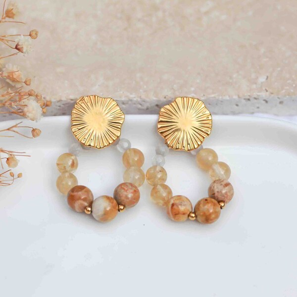 Boucles Maia perles pierre de jaspe beige et acier inoxydable