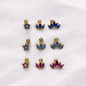 Piercing in stainless steel, screw, gold, tragus, helix, lobe, flower, crown, jewelry, gift, earring, chip, zircon,