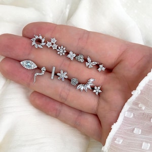 Stainless steel piercing with screw, silver, tragus, lobe, helix, conch, chip, flower, bee, snake, eye, bar, chip, customization