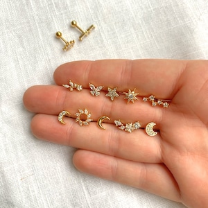 Stainless Steel Piercing, Zodiac, Horoscope, Constellation, Star, Moon, Sun, Zircon, Helix, Lobe, Tragus, Jewelry Gift