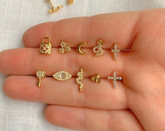 Piercing en acier inoxydable, à vis, doré, zircon, hélix, tragus, lobe,  snake, oeil, croix, cadenas, clé, bijoux d’oreilles, puce, cadeau