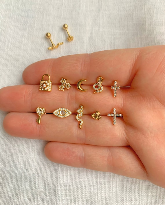 Piercing en acier inoxydable, à vis, doré, zircon, hélix, tragus, lobe,  snake, oeil, croix, cadenas, clé, bijoux d’oreilles, puce, cadeau
