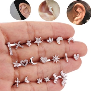 Stainless steel screw piercing, silver, tragus, lobe, helix, ear chip, moon, flower, star, heart, bar, jewelry, Christmas gift