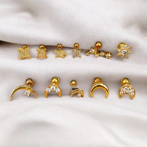 Piercing a barra in acciaio inossidabile - oro - zircone - stella - costellazione - luna - lobo - elica - trago - regalo - barra personalizzata