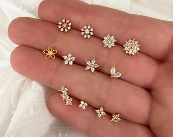 Piercing fleur acier inoxydable - barre à vis - lobe, hélix, tragus, cartilage - puce - cadeau - barre 6mm, 7mm, 8mm, 10mm, mini puce, doré